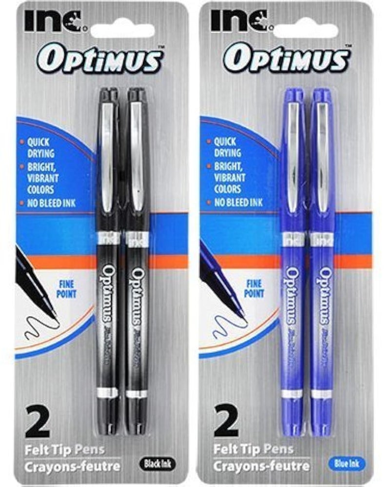 Optimus I-N-C Optimus 4 Felt Tip Fine Point Pens 3 Black/3 Blue - No Bleed Ink - Image 1